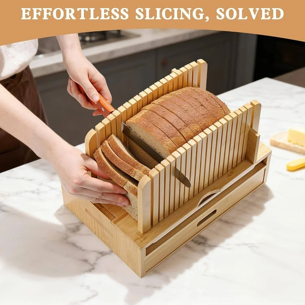Bamboo Bread Slicer Guide Adjustable Width Wood Slicing Tool with Crumb Tray New